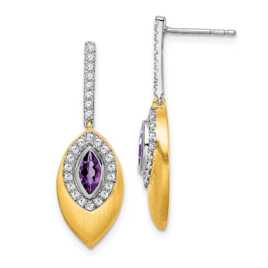14k Yellow Gold Two-tone Amethyst and Real Diamond Dangle Earrings