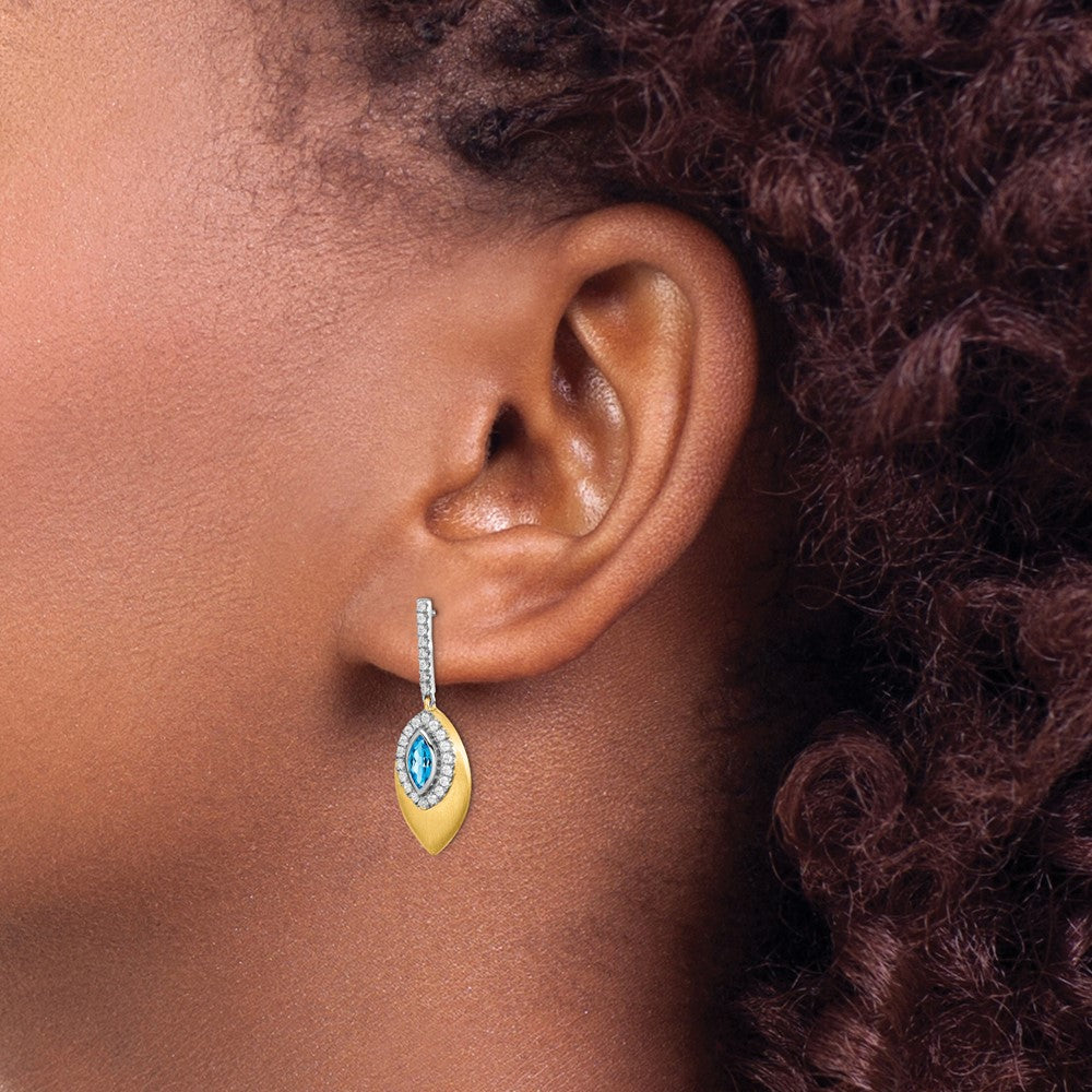 14k Yellow Gold Two-tone Blue Topaz and Real Diamond Dangle Earrings