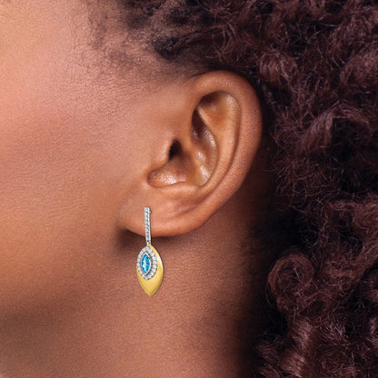14k Yellow Gold Two-tone Blue Topaz and Real Diamond Dangle Earrings