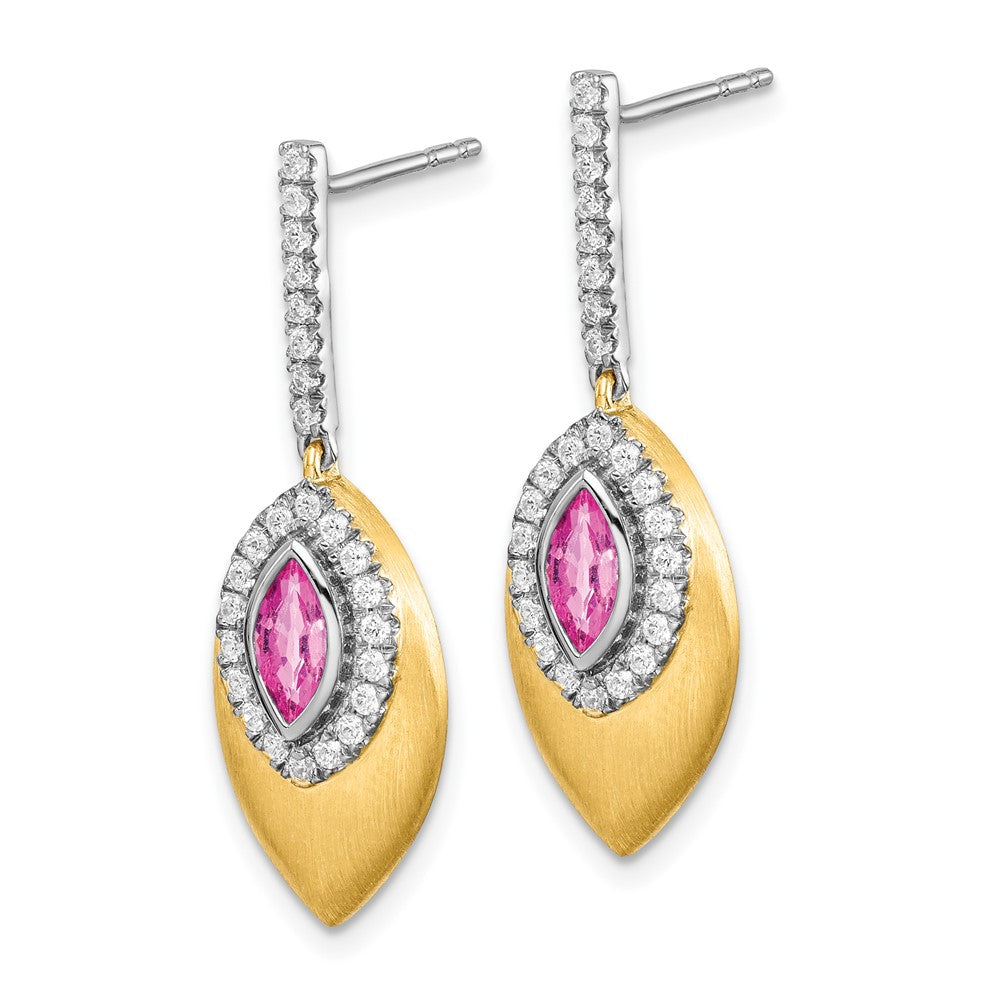 14k Yellow Gold Two-tone Created Pink Sapphire and Real Diamond Dangle Earrings