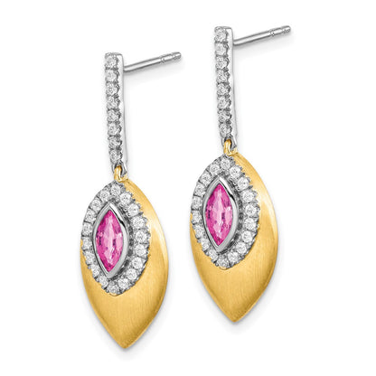 14k Yellow Gold Two-tone Created Pink Sapphire and Real Diamond Dangle Earrings