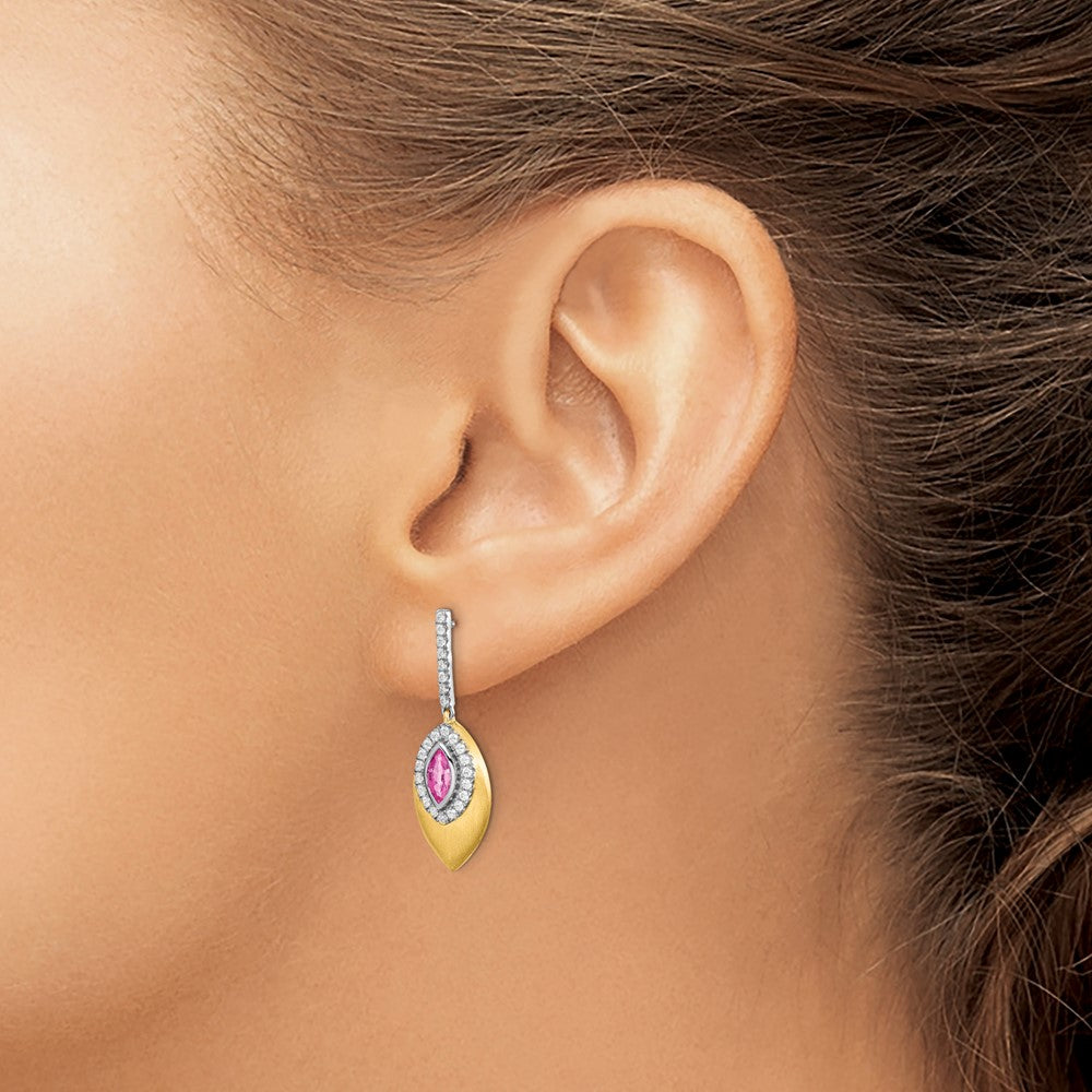 14k Yellow Gold Two-tone Created Pink Sapphire and Real Diamond Dangle Earrings