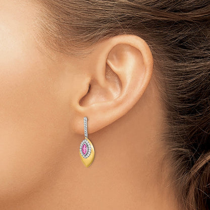 14k Yellow Gold Two-tone Created Pink Sapphire and Real Diamond Dangle Earrings