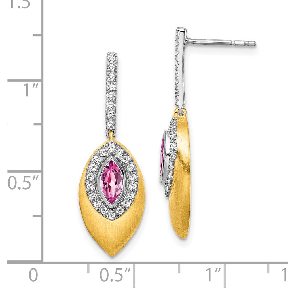 14k Yellow Gold Two-tone Created Pink Sapphire and Real Diamond Dangle Earrings