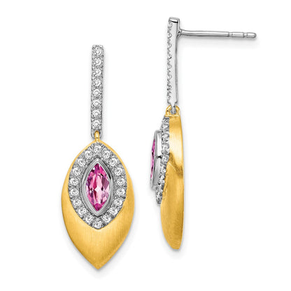 14k Yellow Gold Two-tone Created Pink Sapphire and Real Diamond Dangle Earrings