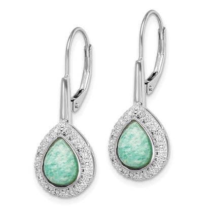 14k White Gold Pear Amazonite and Real Diamond Leverback Earrings