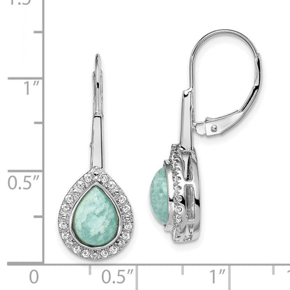 14k White Gold Pear Amazonite and Real Diamond Leverback Earrings