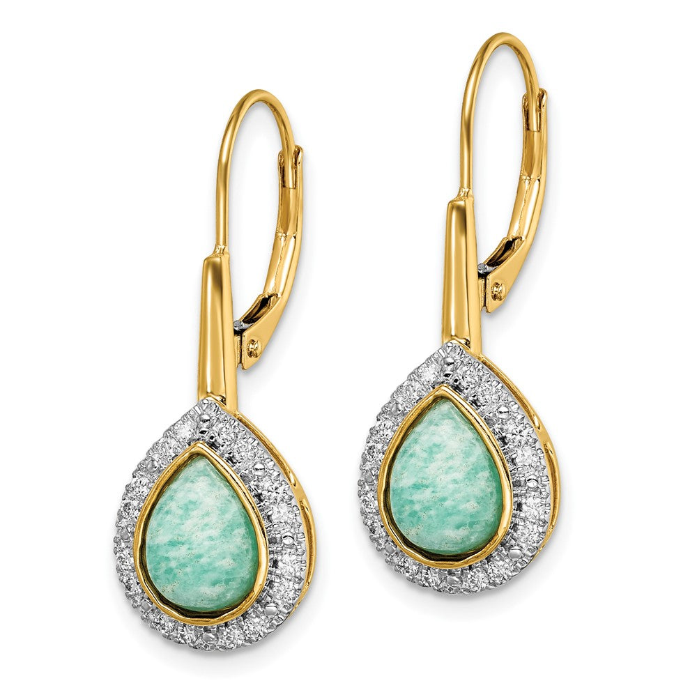 Solid 14k Yellow Gold Pear Amazonite and Simulated CZ LeverbacK Earrings