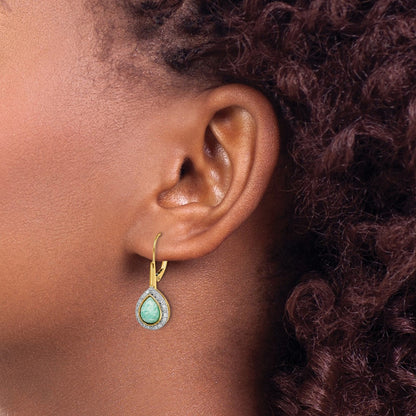 Solid 14k Yellow Gold Pear Amazonite and Simulated CZ LeverbacK Earrings