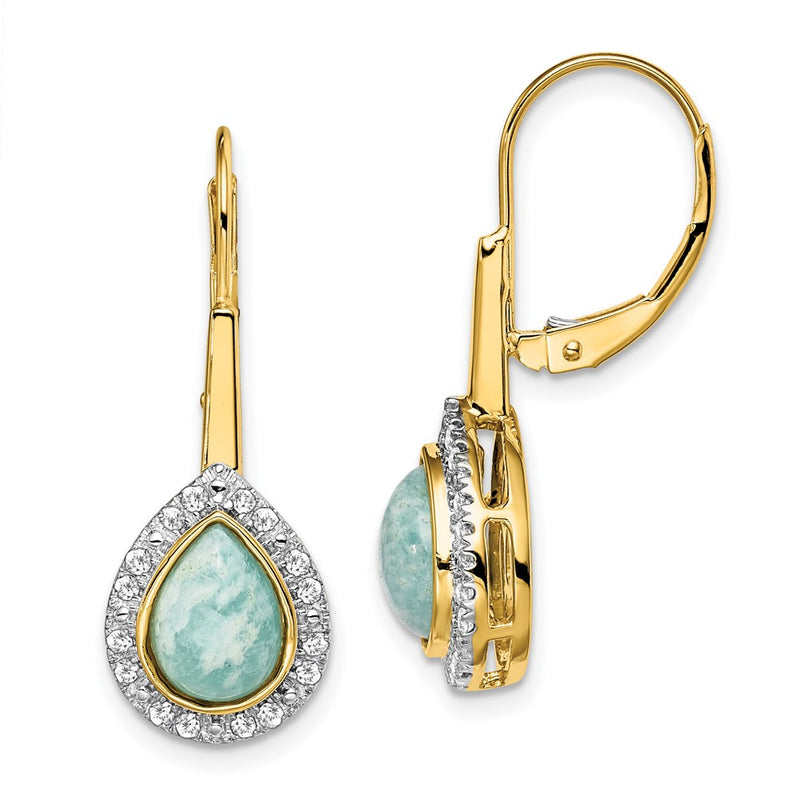 14k Yellow Gold Pear Amazonite and Real Diamond Leverback Earrings