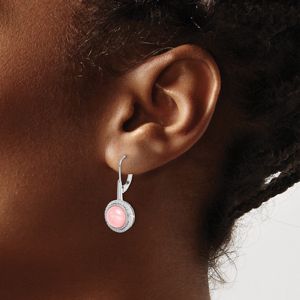 14k White Gold Rose Quartz and Real Diamond Leverback Earrings