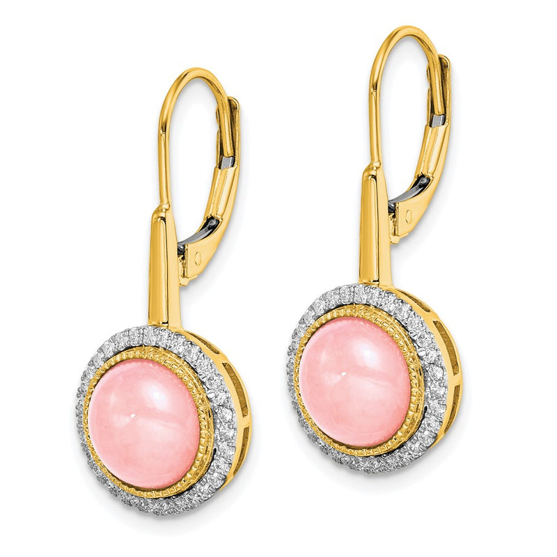 14k Yellow Gold Rose Quartz and Real Diamond Leverback Earrings