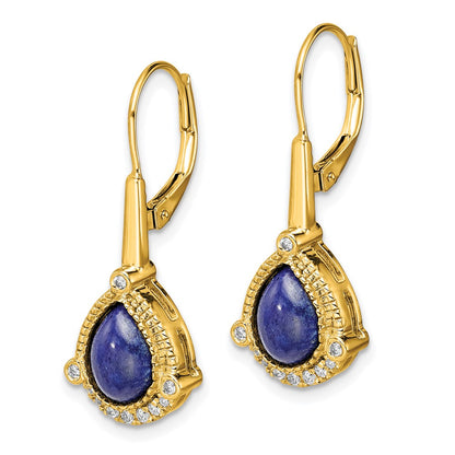 14k Yellow Gold Pear Lapis and Real Diamond Leverback Earrings