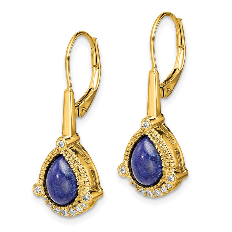 14k Yellow Gold Pear Lapis and Real Diamond Leverback Earrings