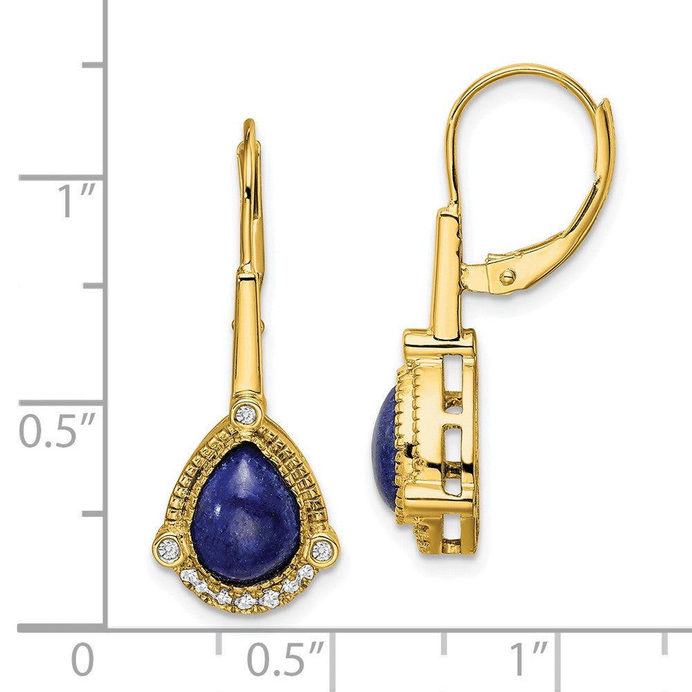 14k Yellow Gold Pear Lapis and Real Diamond Leverback Earrings