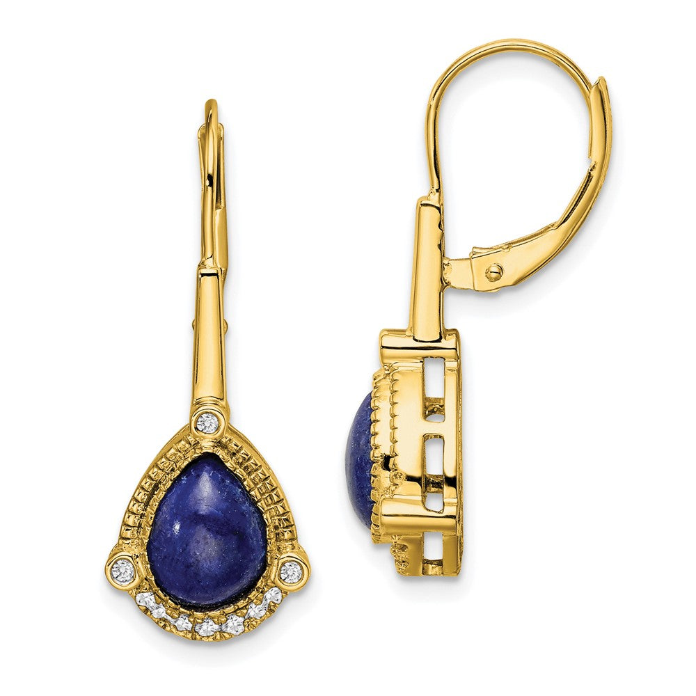 14k Yellow Gold Pear Lapis and Real Diamond Leverback Earrings