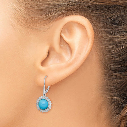 14k White Gold Turquoise and Real Diamond Leverback Earrings