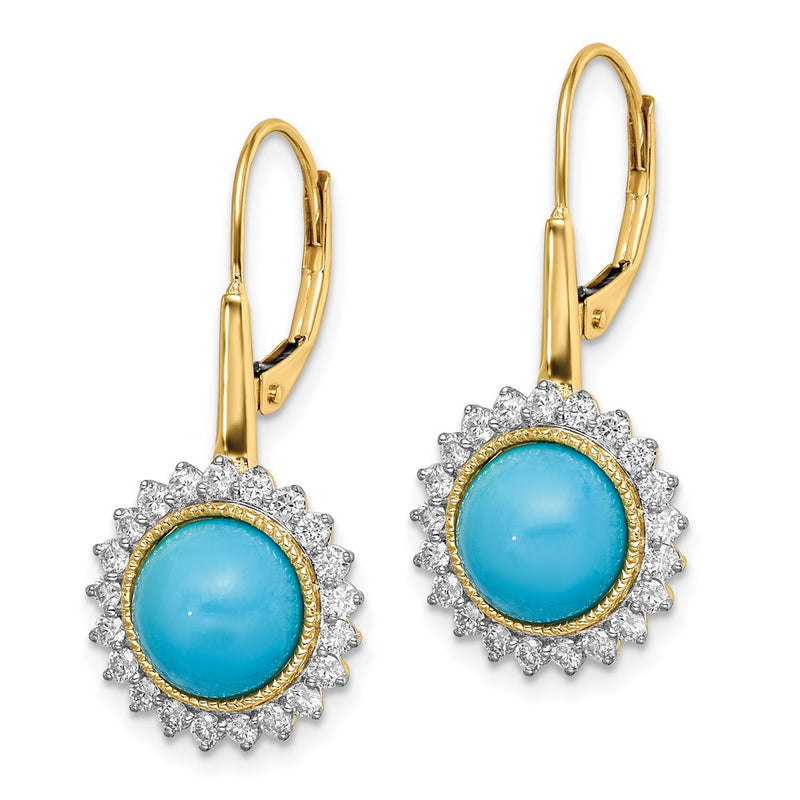 14k Yellow Gold Turquoise and Real Diamond Leverback Earrings