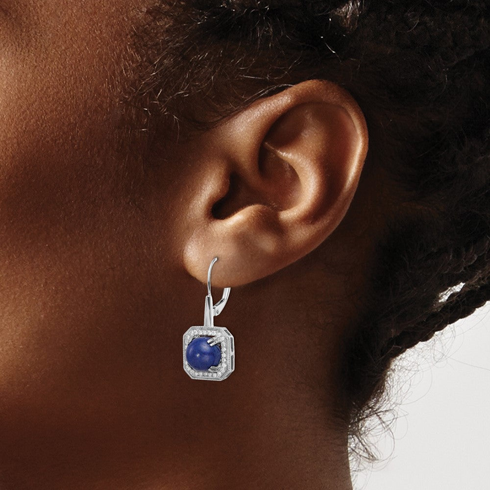 14k White Gold Lapis and Real Diamond Leverback Earrings