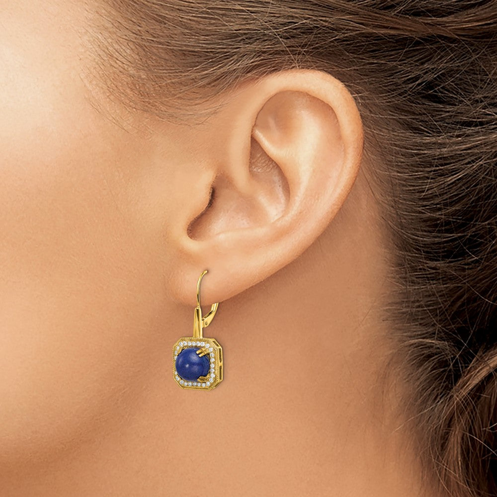 14k Yellow Gold Lapis and Real Diamond Leverback Earrings