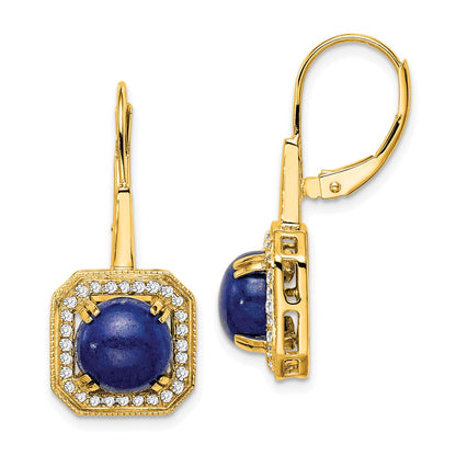 14k Yellow Gold Lapis and Real Diamond Leverback Earrings