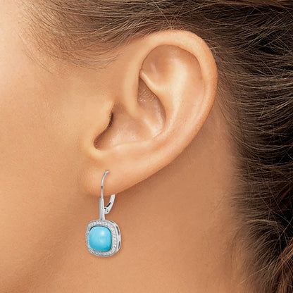 14k White Gold Turquoise and Real Diamond Leverback Earrings