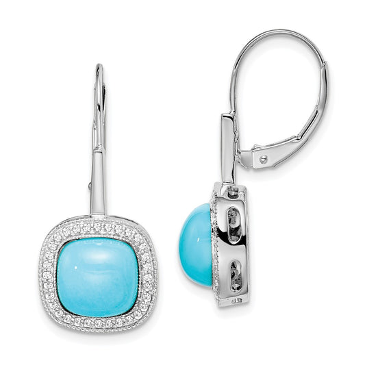 14k White Gold Turquoise and Real Diamond Leverback Earrings
