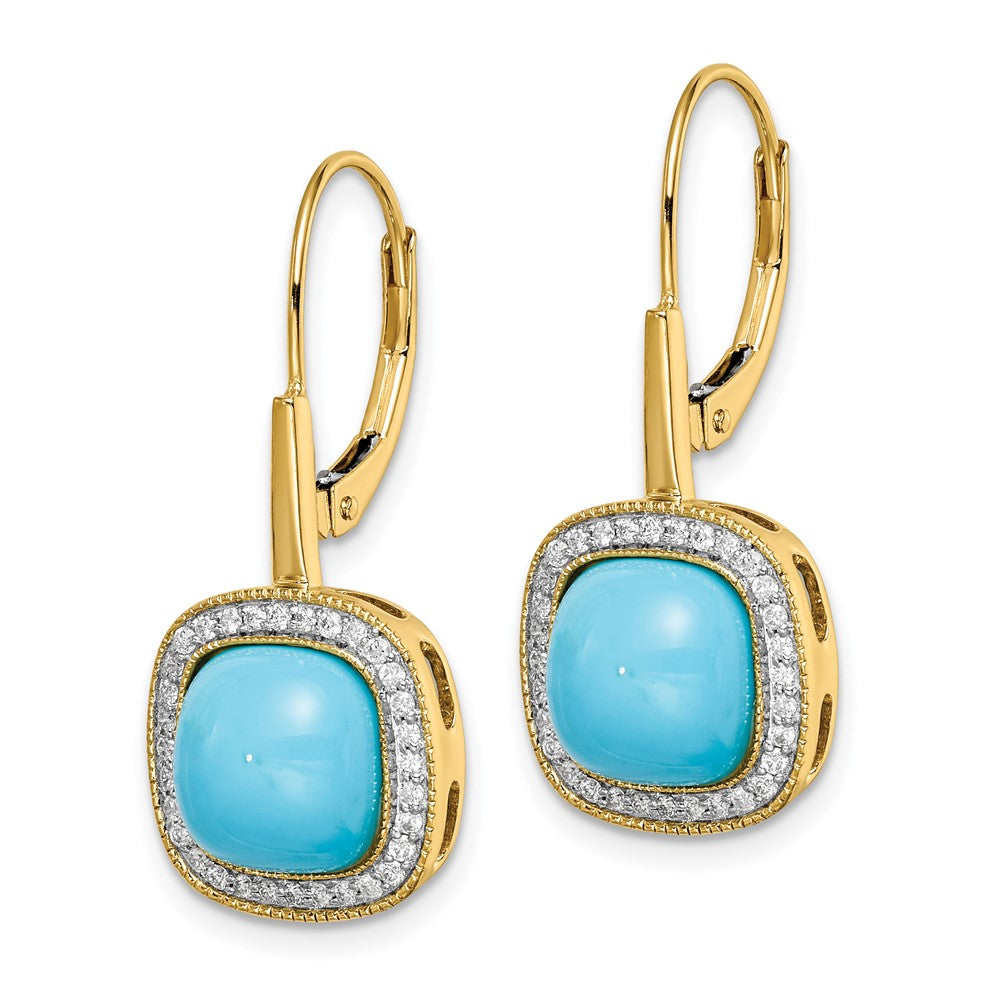 14k Yellow Gold Turquoise and Real Diamond Leverback Earrings