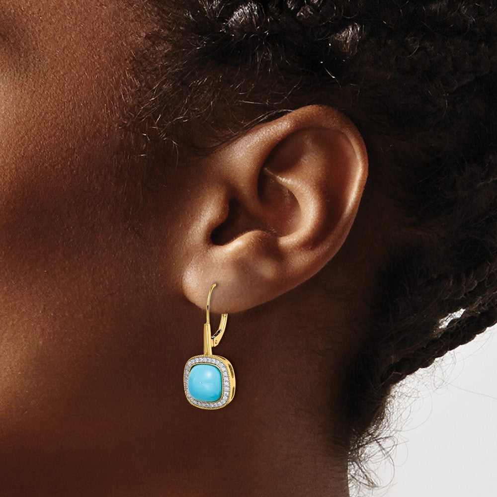 14k Yellow Gold Turquoise and Real Diamond Leverback Earrings
