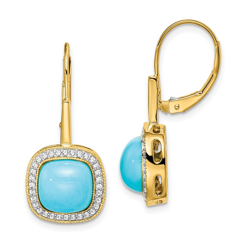 14k Yellow Gold Turquoise and Real Diamond Leverback Earrings