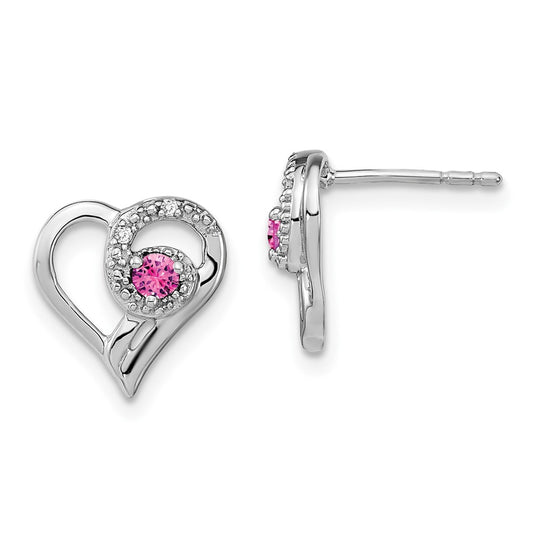 Solid 14k White Gold PinK Simulated Sapphire and CZ Heart Earrings