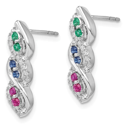 14k White Gold Ruby/Sapphire/Emerald/Real Diamond Earrings