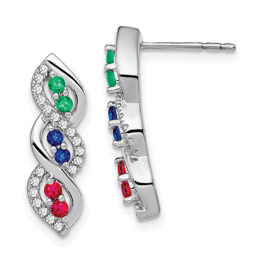 Solid 14k White Gold Simulated Ruby Simulated/Simulated Sapphire Emerald CZ Earrings