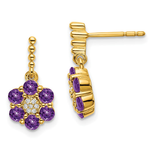 14k Yellow Gold Amethyst and Real Diamond Earrings
