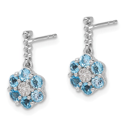 14k White Gold Blue Topaz and Real Diamond Earrings