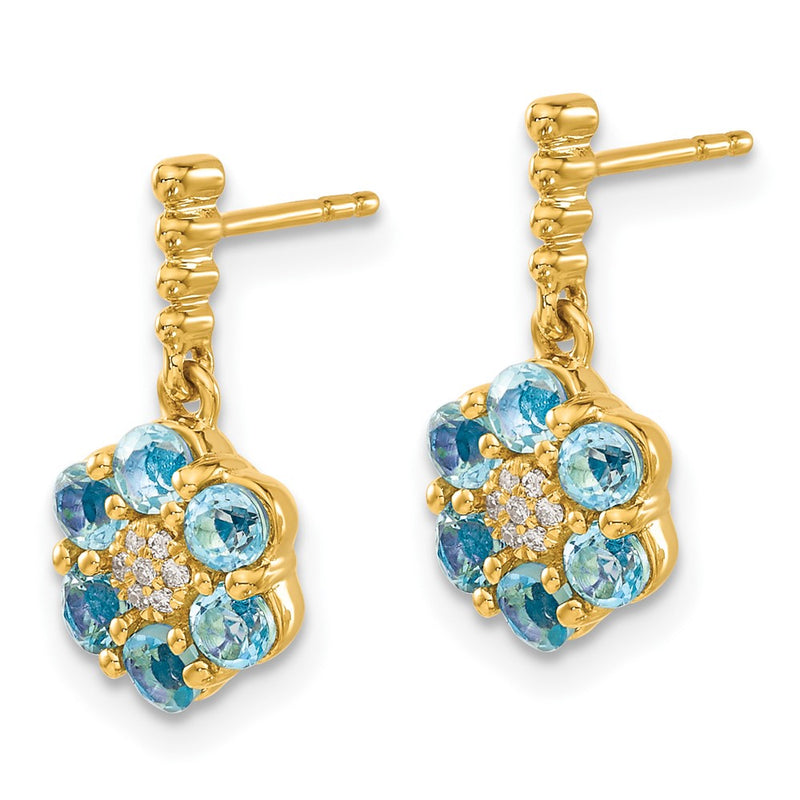 14k Yellow Gold Blue Topaz and Real Diamond Earrings
