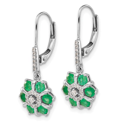 14k White Gold Emerald and Real Diamond Leverback Earrings