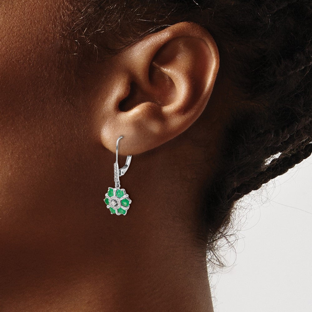14k White Gold Emerald and Real Diamond Leverback Earrings
