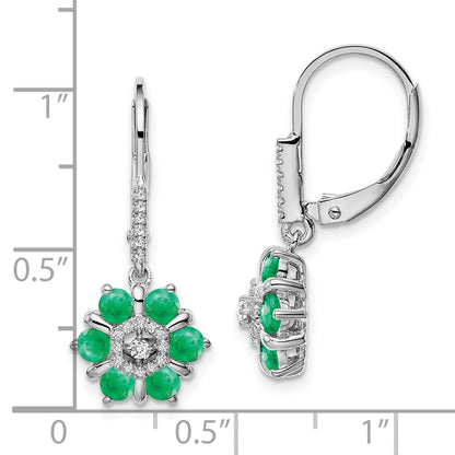 14k White Gold Emerald and Real Diamond Leverback Earrings