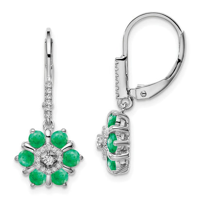 14k White Gold Emerald and Real Diamond Leverback Earrings