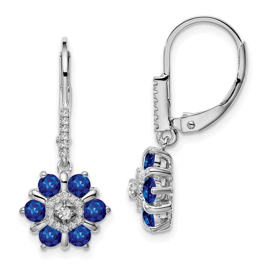 Solid 14k White Gold Simulated Sapphire and CZ LeverbacK Earrings