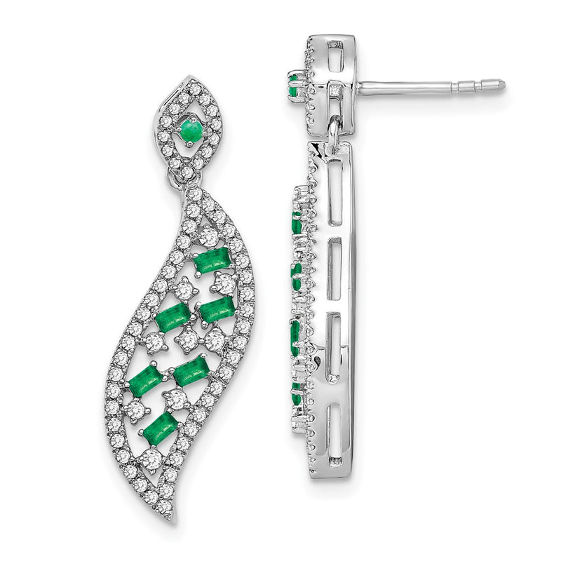 14k White Gold Emerald and Real Diamond Wave Post Earrings
