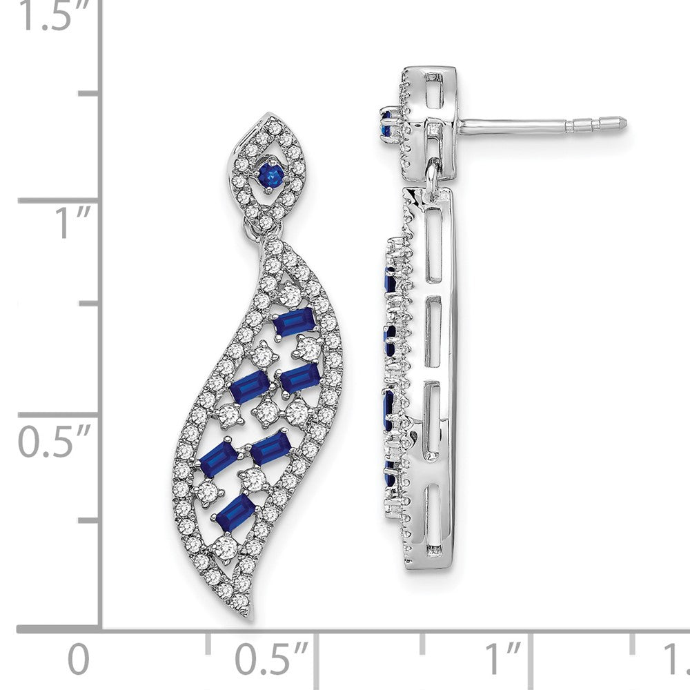 Solid 14k White Gold Simulated Sapphire and CZ Wave Post Earrings