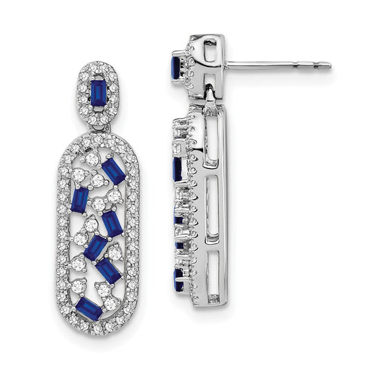 Solid 14k White Gold Simulated Sapphire and CZ Earrings