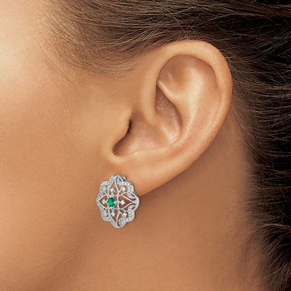 14k White Gold Emerald and Real Diamond Earrings