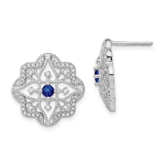 Solid 14k White Gold Simulated Sapphire and CZ Earrings
