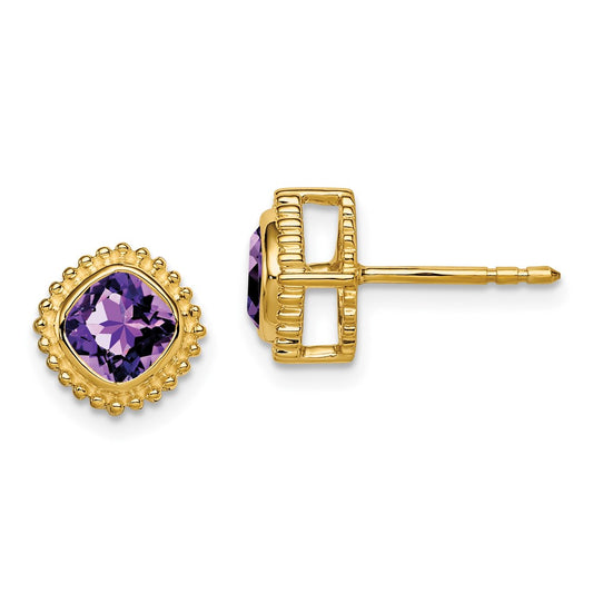 Solid 14k Yellow Gold Cushion Simulated Amethyst Earrings