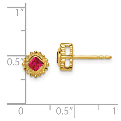 Solid 14k Yellow Gold Cushion Simulated Ruby Earrings