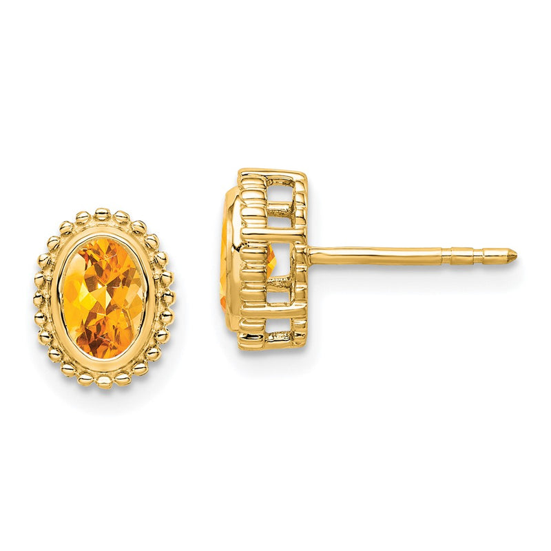 Solid 14k Yellow Gold Oval Simulated Citrine Post Earrings