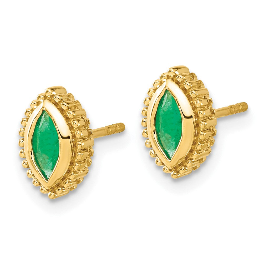 Solid 14k Yellow Gold Marquise Simulated Emerald Post Earrings